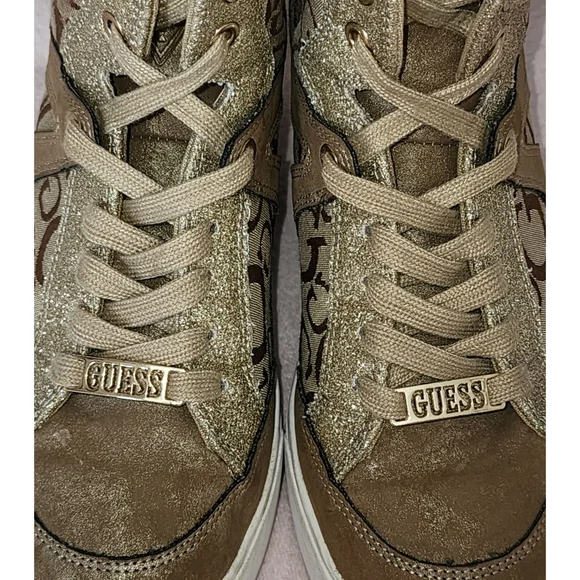 Guess Women's WGTONIGHT3 High Top Sneakers Beige Brown and Gold Glitter - Picture 8 of 9